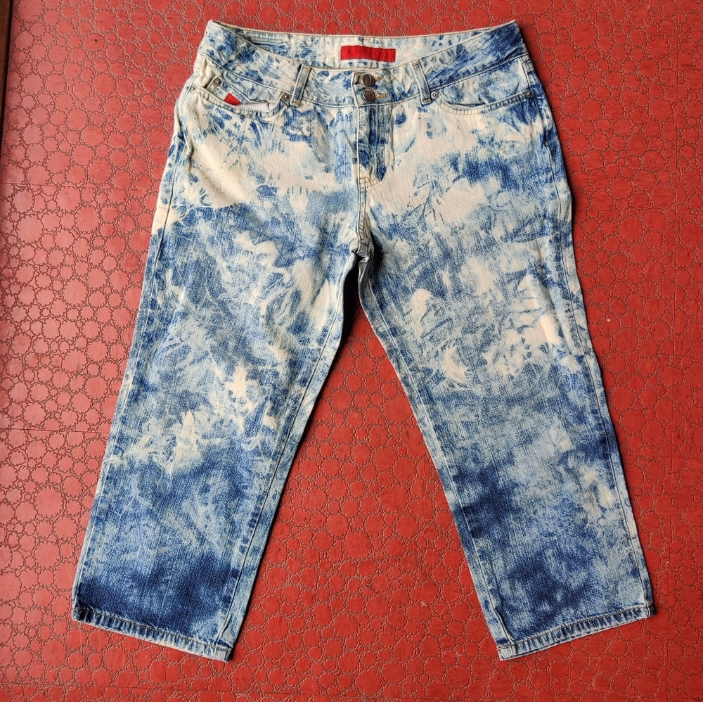 90s Bongo Let Me B. Cropped Tie Dye Bleached Hipster Jeans 12 Skater Grunge
